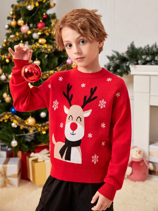 SHEIN Suéter de hombros caídos con estampado de alce navideño para niño