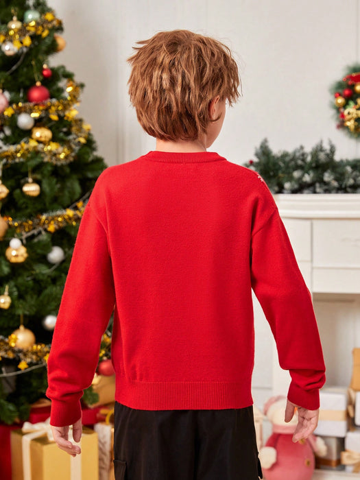 SHEIN Suéter de hombros caídos con estampado de alce navideño para niño