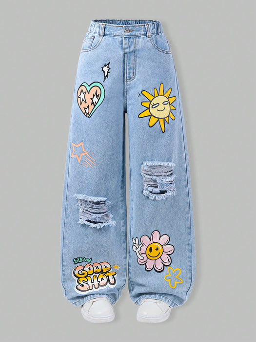 SHEIN Jeans de pierna recta estampados para niñas preadolescentes