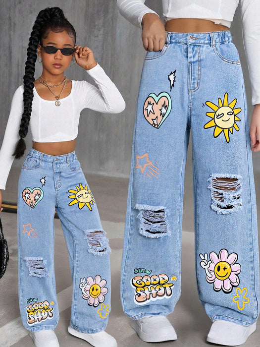 SHEIN Jeans de pierna recta estampados para niñas preadolescentes