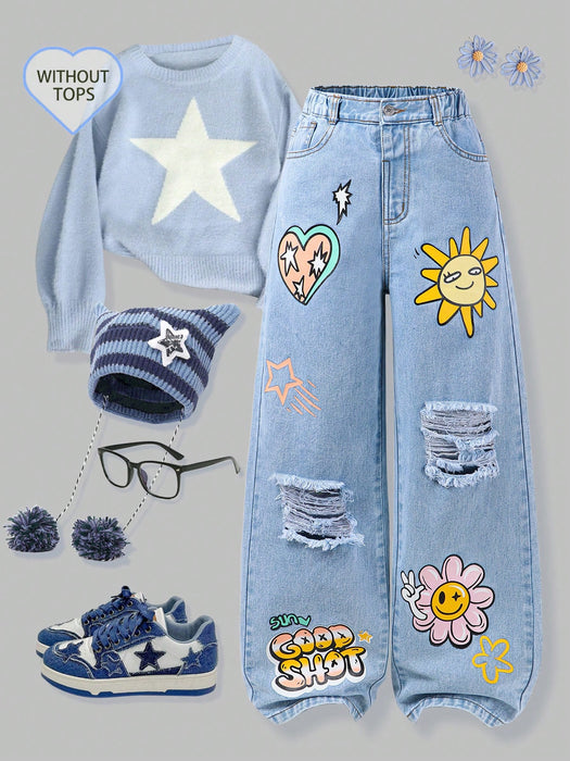 SHEIN Jeans de pierna recta estampados para niñas preadolescentes