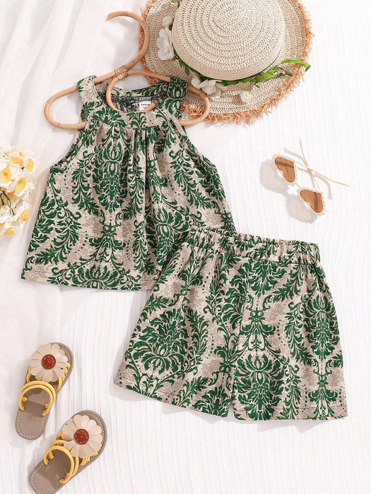 SHEIN Conjunto de camiseta sin mangas y shorts estampados para niñas
