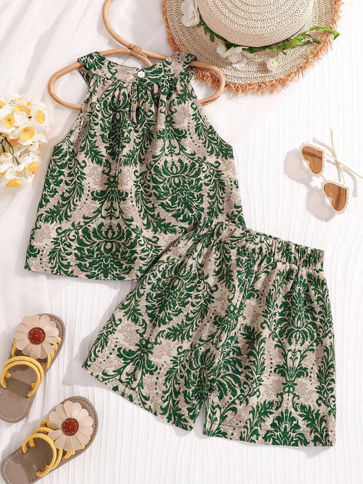 SHEIN Conjunto de camiseta sin mangas y shorts estampados para niñas