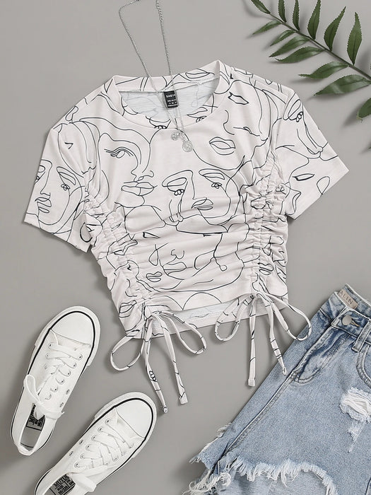 SHEIN Unity Camiseta gráfica con figura abstracta y cordón delantero, para mujer