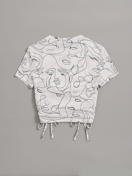 SHEIN Unity Camiseta gráfica con figura abstracta y cordón delantero, para mujer