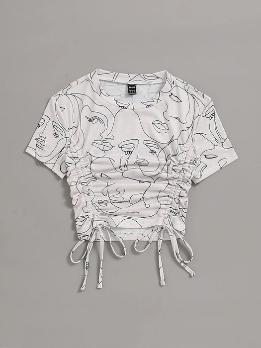 SHEIN Unity Camiseta gráfica con figura abstracta y cordón delantero, para mujer