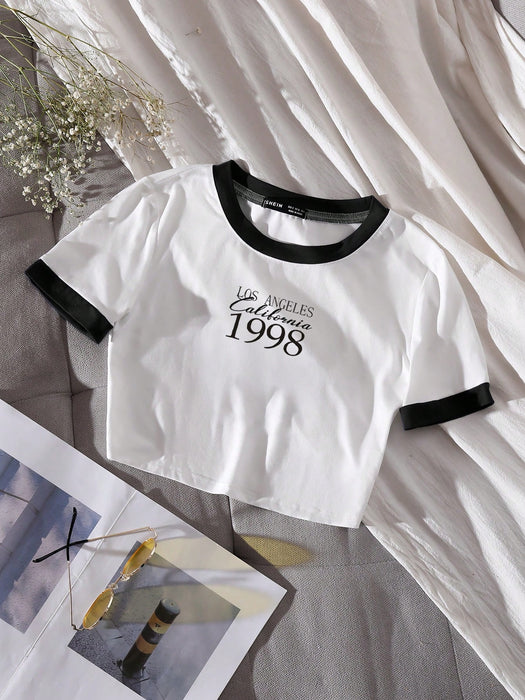 SHEIN Unity Camiseta sencilla con texto en inglés y ribete de contraste para mujer