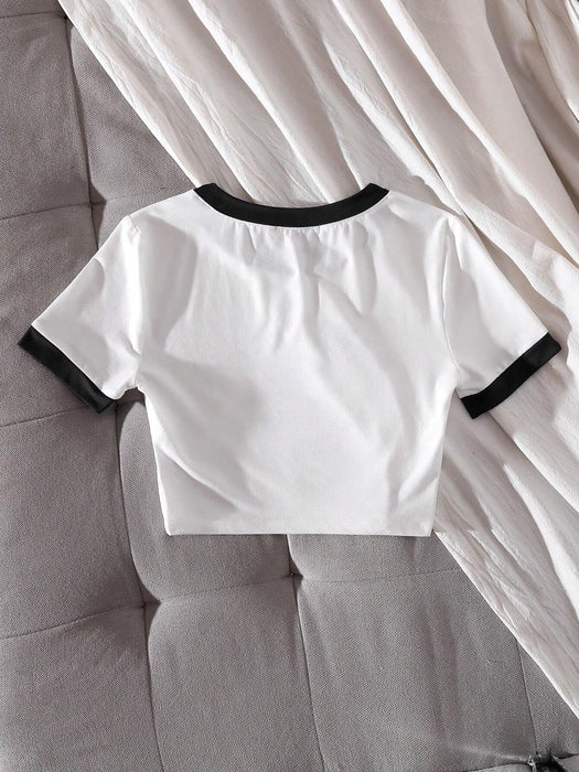 SHEIN Unity Camiseta sencilla con texto en inglés y ribete de contraste para mujer