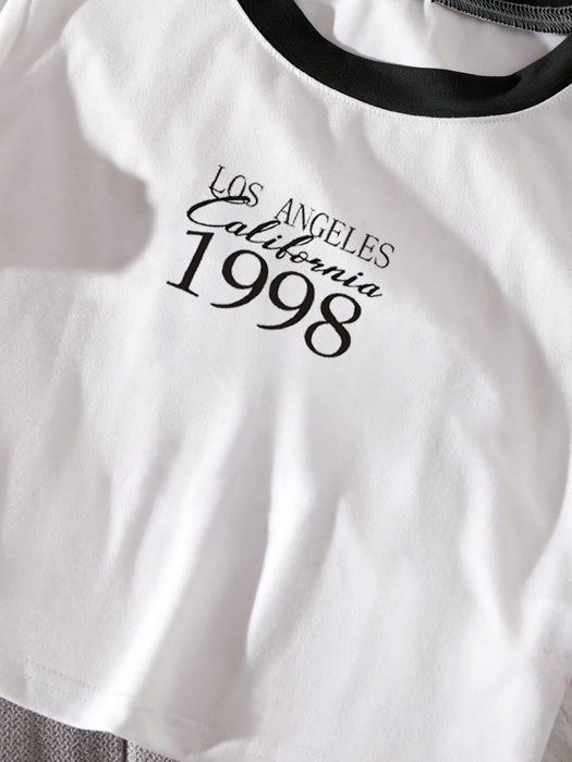 SHEIN Unity Camiseta sencilla con texto en inglés y ribete de contraste para mujer