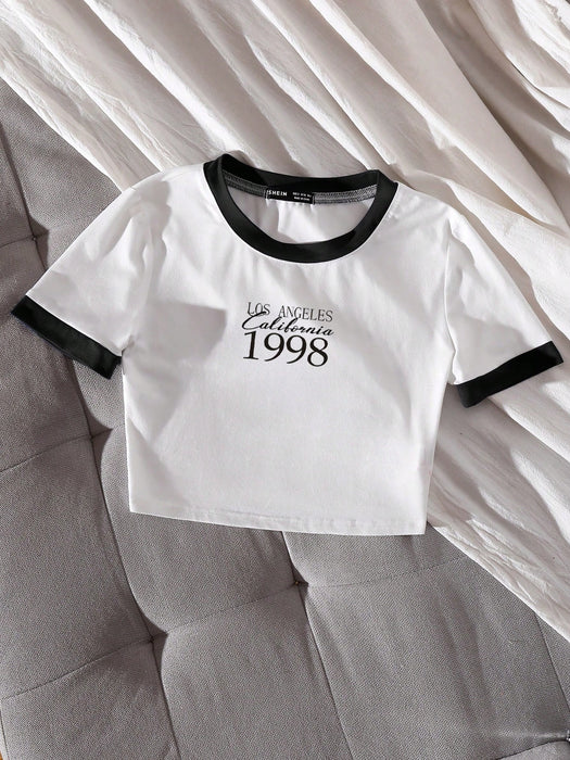 SHEIN Unity Camiseta sencilla con texto en inglés y ribete de contraste para mujer