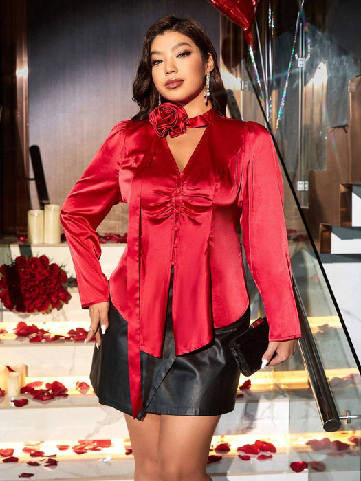 SHEIN elegante de trabajo con cintura ajustada, cuello plisado, lazo floral, elástica, para mujer