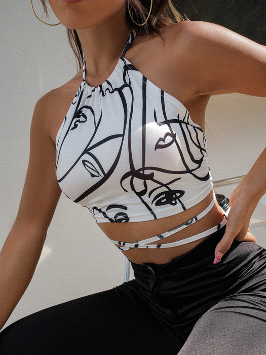 SHEIN Unity Tie Top halter sin espalda con estampado gráfico