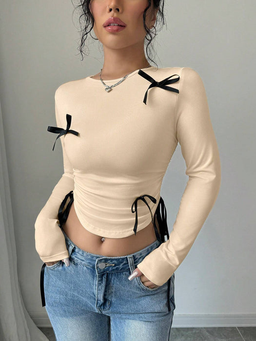 SHEIN Unity Camiseta informal de mujer con lazo decorativo y cordón lateral