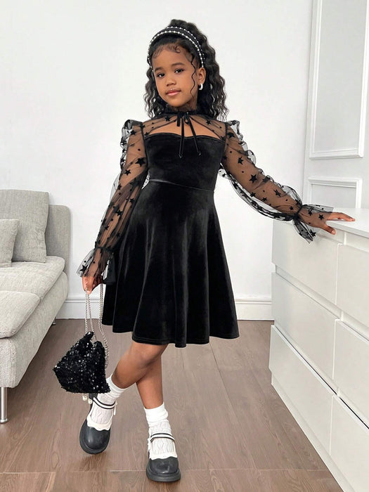 SHEIN Vestido de fiesta de niña preadolescente con empalme de terciopelo y malla lujosos