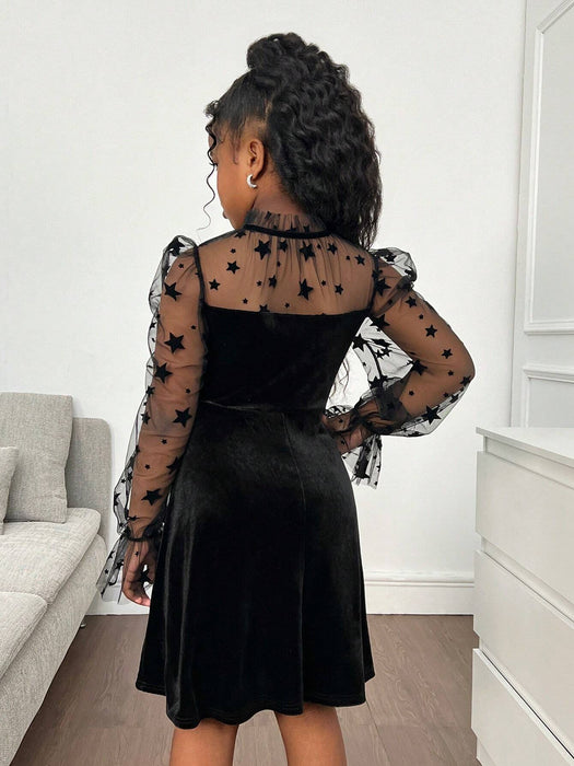 SHEIN Vestido de fiesta de niña preadolescente con empalme de terciopelo y malla lujosos