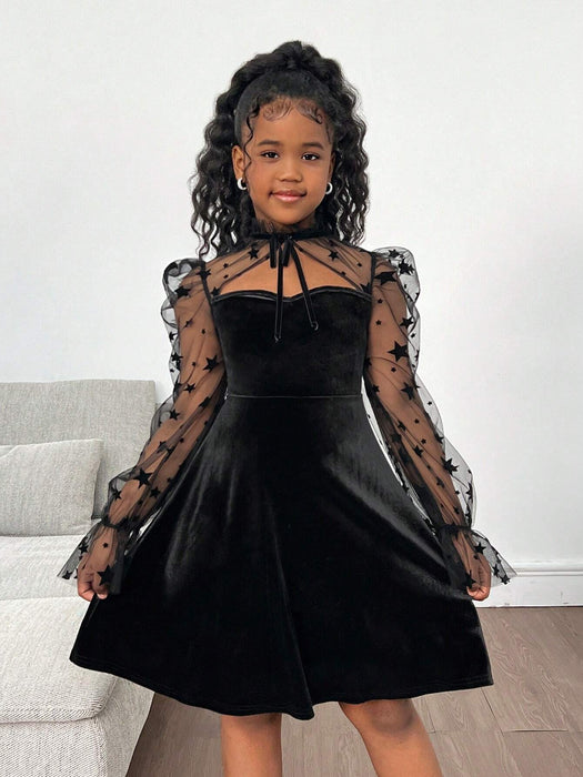 SHEIN Vestido de fiesta de niña preadolescente con empalme de terciopelo y malla lujosos