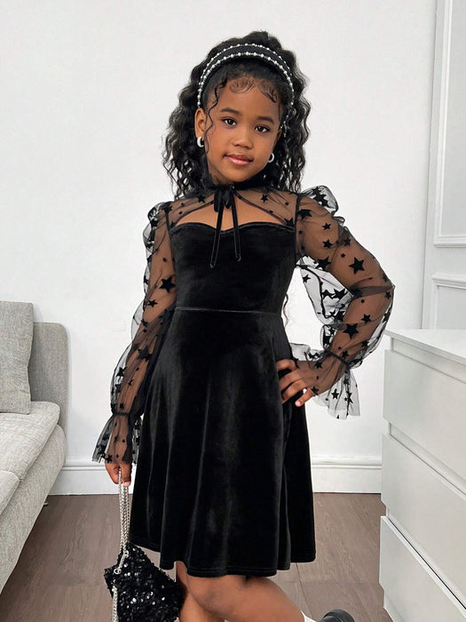 SHEIN Vestido de fiesta de niña preadolescente con empalme de terciopelo y malla lujosos