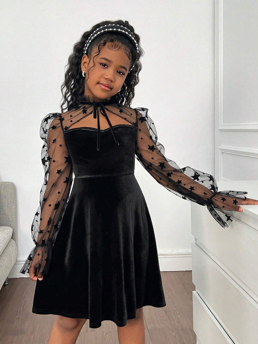 SHEIN Vestido de fiesta de niña preadolescente con empalme de terciopelo y malla lujosos