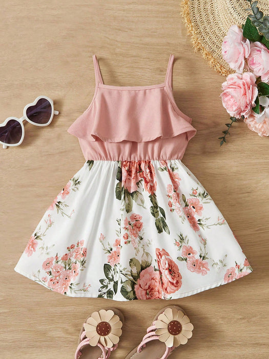 SHEIN Vestido de niña joven hasta la rodilla, sin mangas, con volantes y parches florales