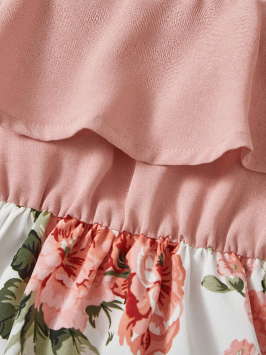 SHEIN Vestido de niña joven hasta la rodilla, sin mangas, con volantes y parches florales
