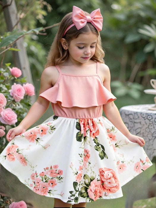 SHEIN Vestido de niña joven hasta la rodilla, sin mangas, con volantes y parches florales