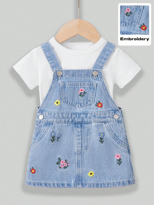SHEIN Vestido de peto de mezclilla azul con bordado floral para niñas