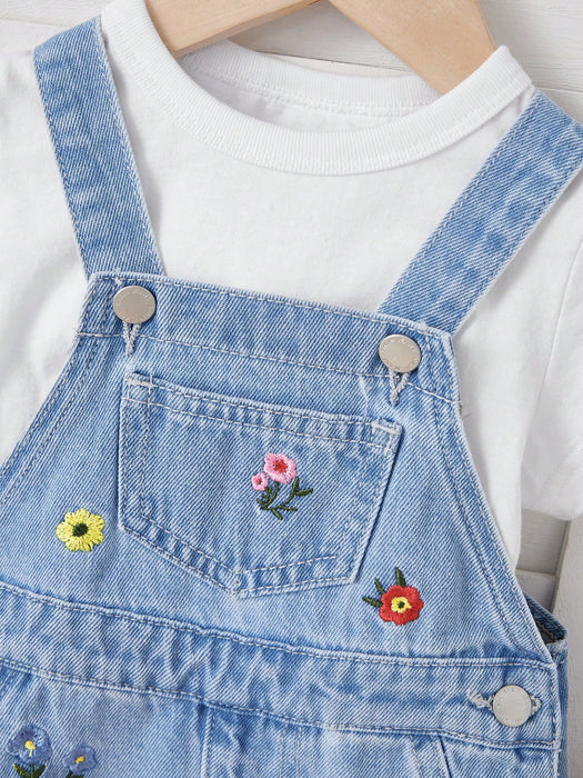 SHEIN Vestido de peto de mezclilla azul con bordado floral para niñas