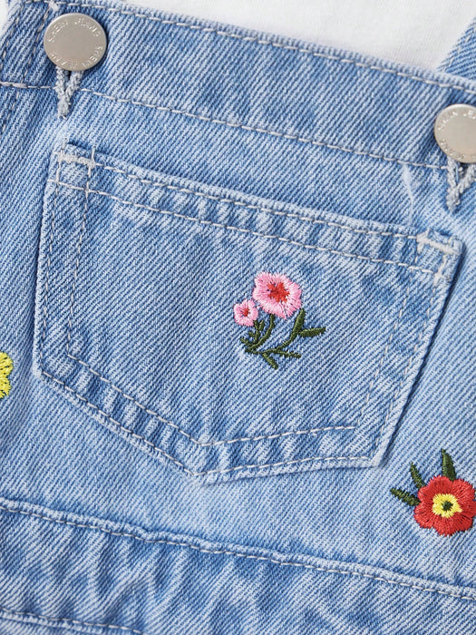 SHEIN Vestido de peto de mezclilla azul con bordado floral para niñas