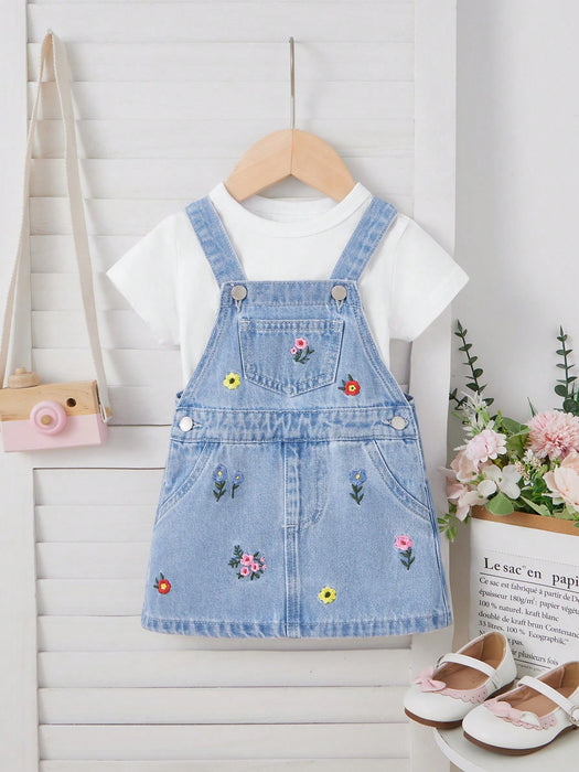 SHEIN Vestido de peto de mezclilla azul con bordado floral para niñas