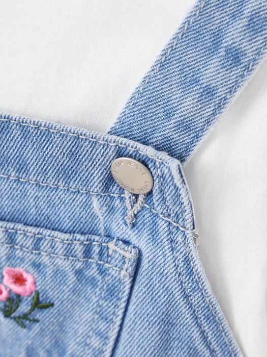 SHEIN Vestido de peto de mezclilla azul con bordado floral para niñas
