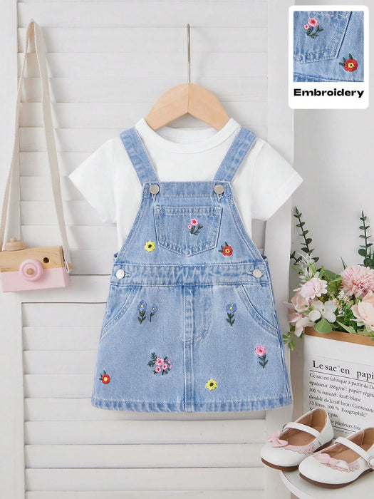 SHEIN Vestido de peto de mezclilla azul con bordado floral para niñas