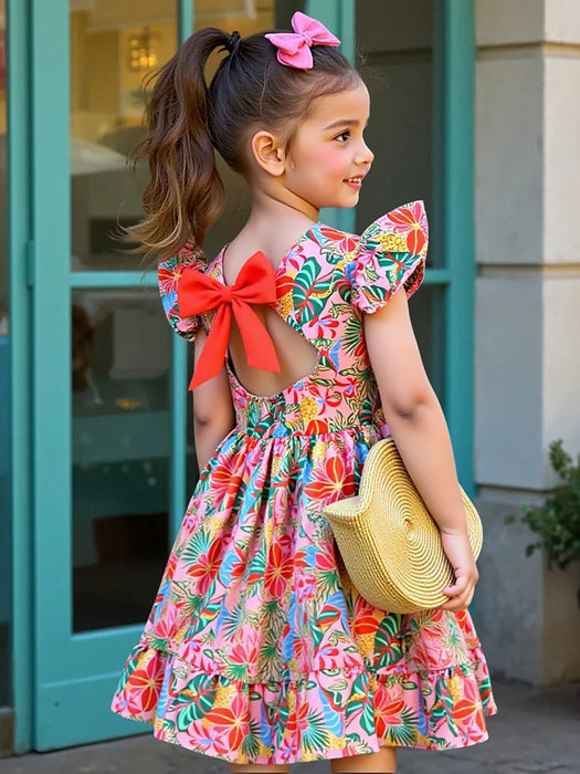 SHEIN X GALILEA Vestido colorido con estampado floral, nudo de lazo, para niña