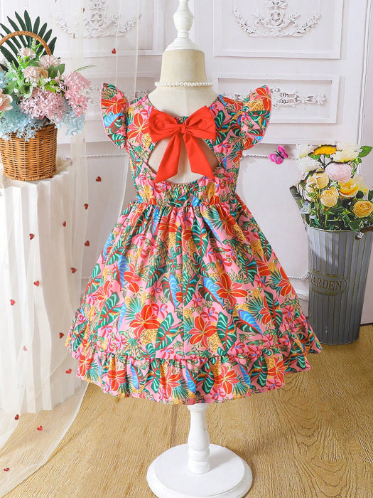 SHEIN X GALILEA Vestido colorido con estampado floral, nudo de lazo, para niña