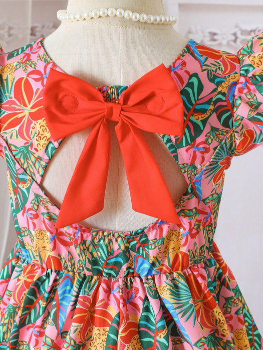 SHEIN X GALILEA Vestido colorido con estampado floral, nudo de lazo, para niña