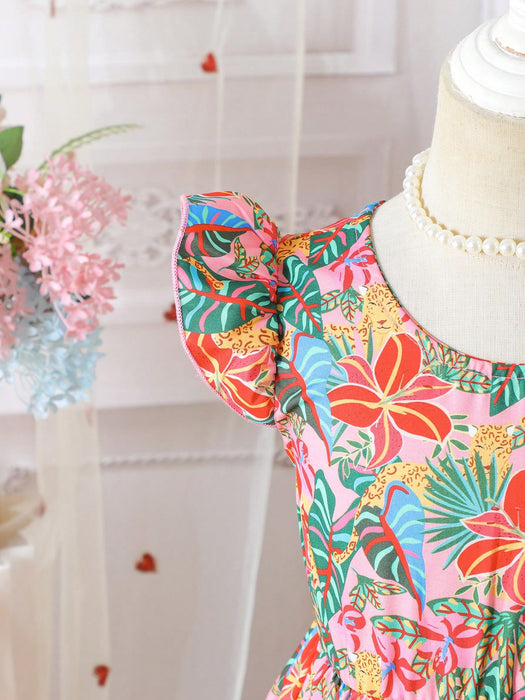 SHEIN X GALILEA Vestido colorido con estampado floral, nudo de lazo, para niña