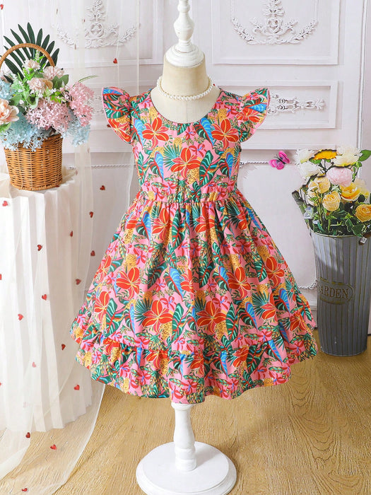SHEIN X GALILEA Vestido colorido con estampado floral, nudo de lazo, para niña