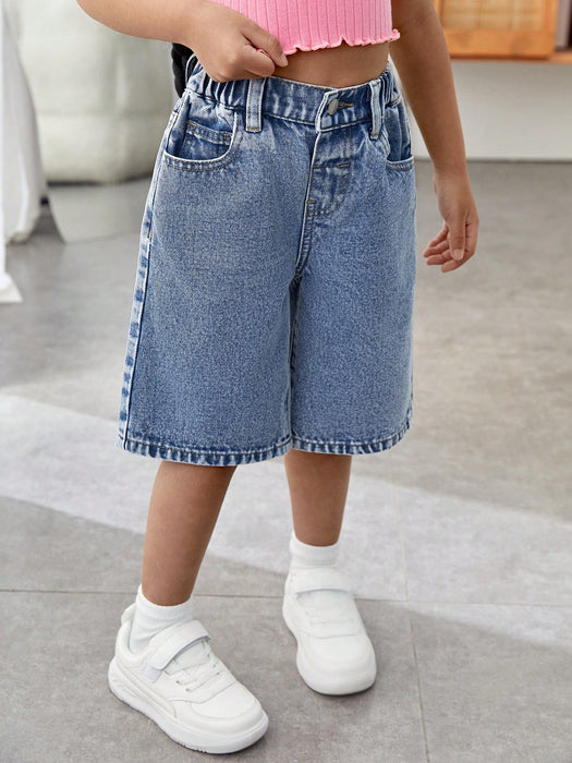 SHEIN Young Girl' Y2K  shorts vaqueros holgados azules con lazo rosa bordado
