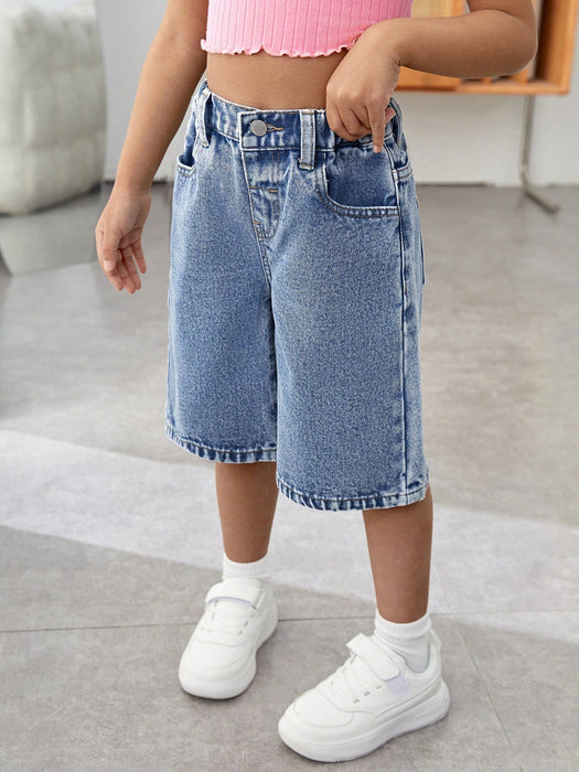 SHEIN Young Girl' Y2K  shorts vaqueros holgados azules con lazo rosa bordado