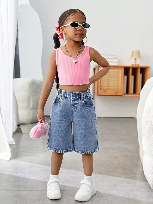 SHEIN Young Girl' Y2K  shorts vaqueros holgados azules con lazo rosa bordado