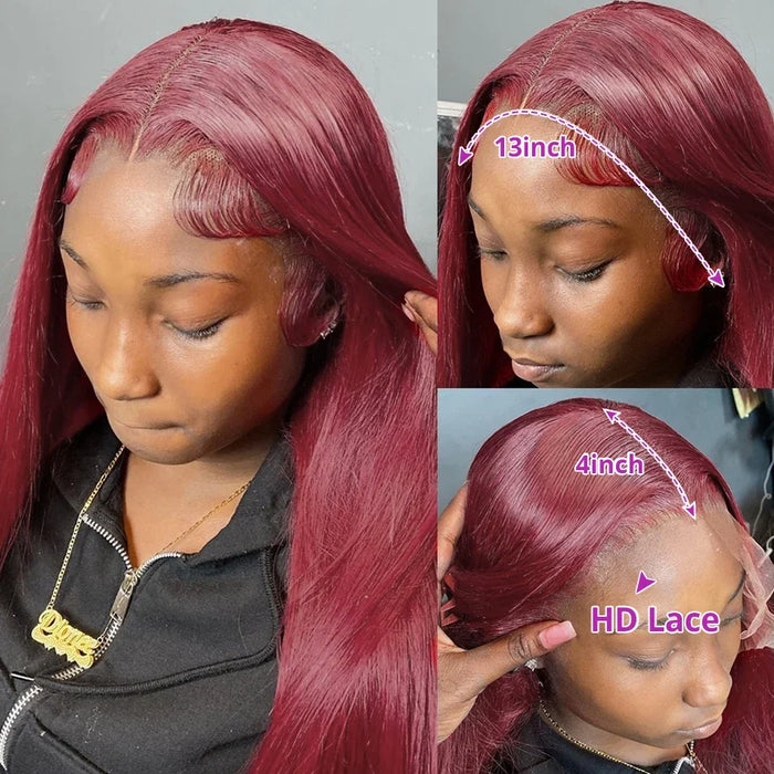 Pelucas de cabello sintetico con encaje frontal 13x4 transparente color borgoña de 26 pulgadas