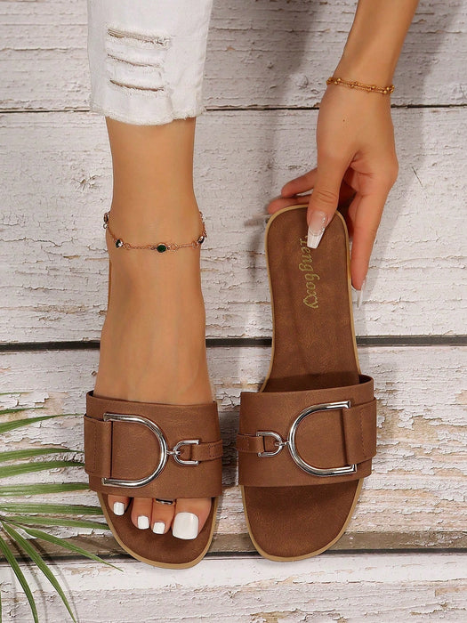 Sandalias planas casuales de mujer con decoración de hebilla, atuendos de playa