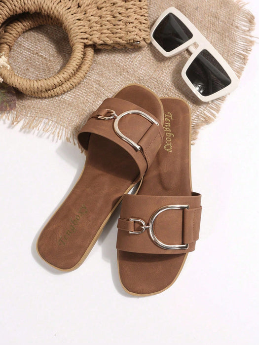 Sandalias planas casuales de mujer con decoración de hebilla, atuendos de playa