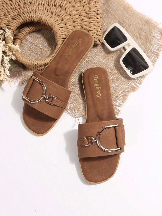 Sandalias planas casuales de mujer con decoración de hebilla, atuendos de playa