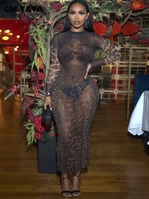 Vestido largo de manga larga para mujer, de malla transparente