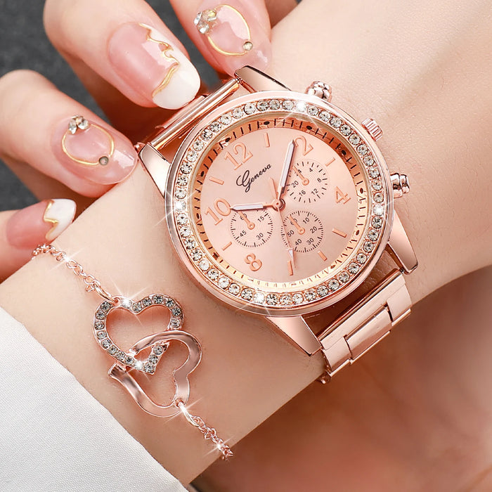 Conjunto de 6 piezas de joyería de mujer con diamantes de imitación de acero inoxidable