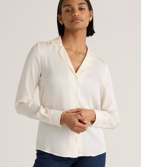 Quince Blusa lavable de seda elástica con cuello de solapa