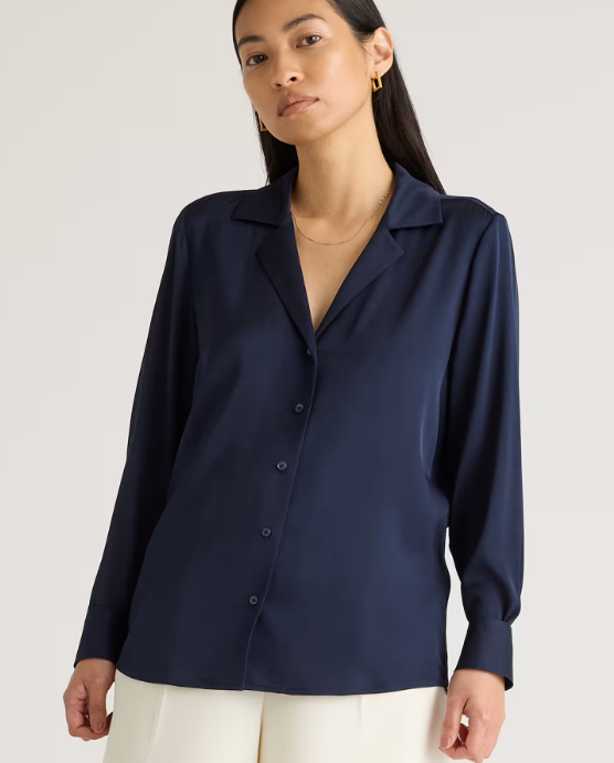 Quince Blusa lavable de seda elástica con cuello de solapa