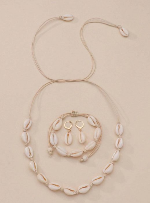 Juego de aretes, pulsera y collar trenzados de cera con cuentas naturales