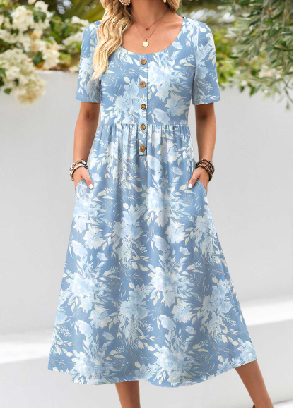 Vestido largo fruncido con estampado floral azul claro para mujer