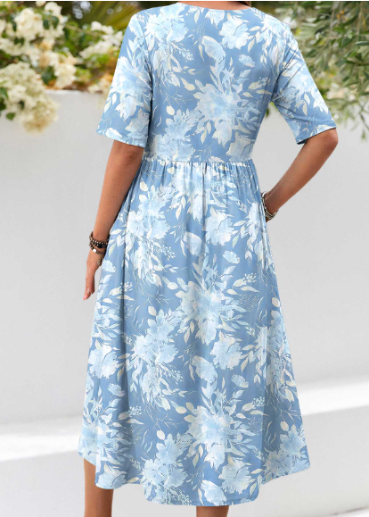 Vestido largo fruncido con estampado floral azul claro para mujer